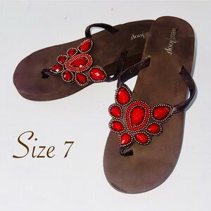 🔴 Women's Brown Sandals with Red Gems - size 7